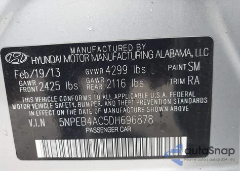 2013 Hyundai Sonata Gls z USA, uszkodzony, nr VIN 5NPEB4AC5DH696878